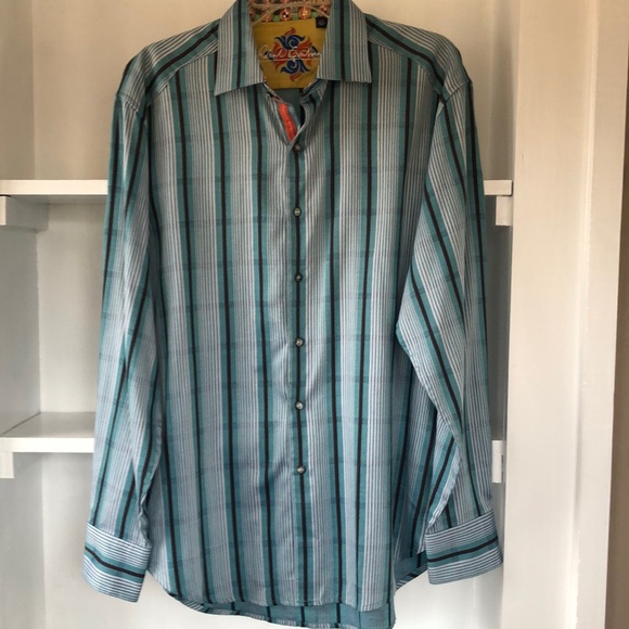 Robert Graham Blue Striped 100% Cotton Flip Cuff Button Down Shirt Men's Size L - Picture 1 of 14
